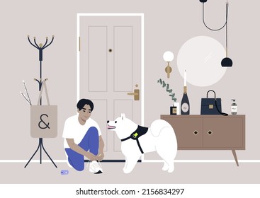 A decorated apartment entryway, a coat rack, and a mirror on the wall, a male Asian character getting ready for a walk with their samoyed puppy