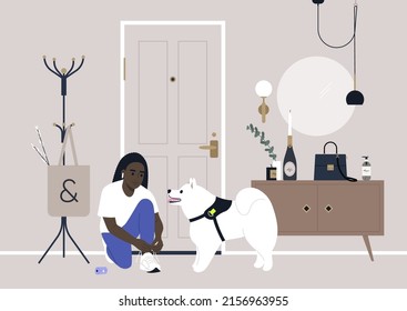 A decorated apartment entryway, a coat rack, and a mirror on the wall, a female African character getting ready for a walk with their samoyed puppy