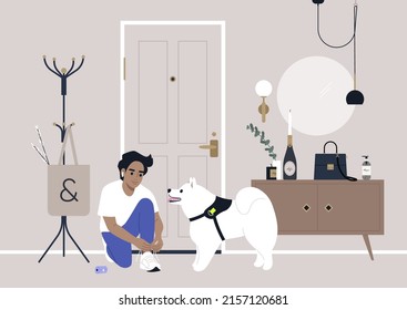 A decorated apartment entryway, a coat rack, and a mirror on the wall, a male Caucasian character getting ready for a walk with their samoyed puppy