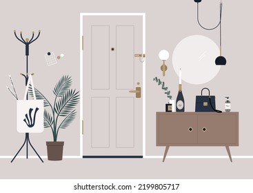 A decorated apartment entryway, a door secured with a chain guard, a coat rack, and a mirror on the wall