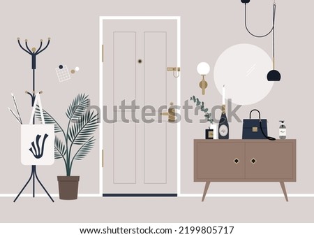 A decorated apartment entryway, a door secured with a chain guard, a coat rack, and a mirror on the wall