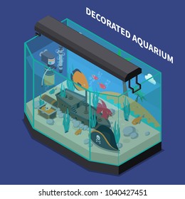 Decorated aquarium composition with equipment and accessories symbols on blue background isometric vector illustration