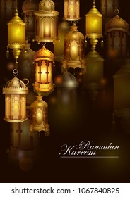 Decorated Arabic lantern in Eid Mubarak (Happy Eid) Ramadan background in vector