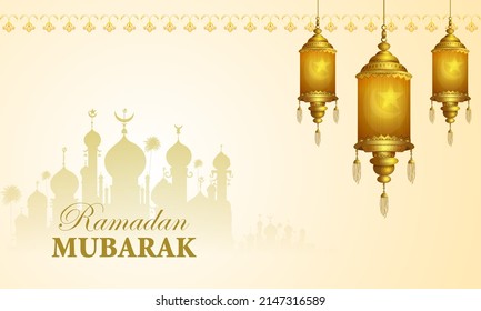 Decorated Arabic lantern in Eid Mubarak (Happy Eid) Ramadan background in vector