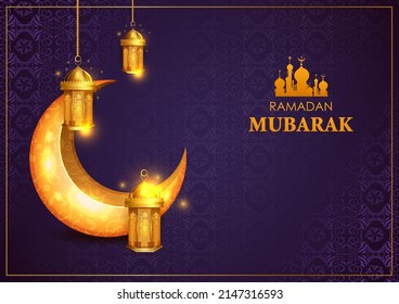 Decorated Arabic lantern in Eid Mubarak (Happy Eid) Ramadan background in vector