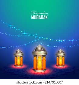 Decorated Arabic lantern in Eid Mubarak (Happy Eid) Ramadan background in vector