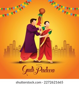 decorated background of happy Gudi Padwa celebration of India. celebrate with Maharashtrian family. vector illustration design