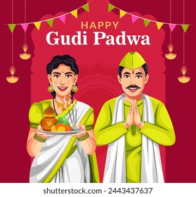 Decorated background of happy Gudi Padwa celebration of India. Maharashtrian family celebrate Hindu New Year. Another name Ugadi or Yugadi