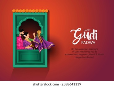 decorated background of happy Gudi Padwa celebration of India. celebrate with Maharashtrian family. vector illustration design