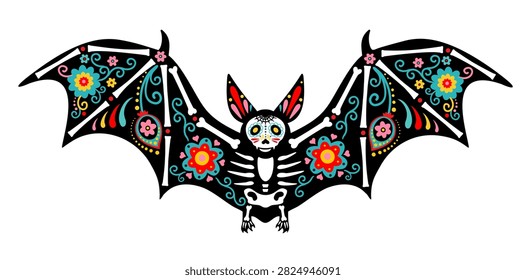 Decorated bat skeleton inspired by Mexican Day of the Dead traditions. Colorful sugar skull and floral ornaments create a festive gothic design. Dia de los Muertos vector artwork 