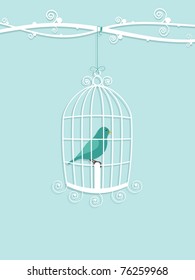 decorated bird cage hanging from a branch with blue bird