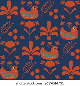 decorated bird and floral ornaments seamless pattern