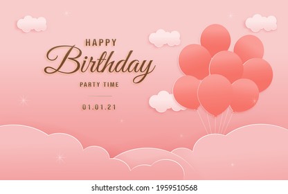 Decorated birthday card beautiful balloon on could paper style, paper cut, and papercraft. Online shop banners discount pink color Birthday Theme. Vector illustration.	
