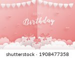 Decorated birthday card beautiful three gift box in the could paper style, paper cut, and papercraft. gift box hanging on the wall decorated with clouds. Sweet pink background. Vector illustration.
