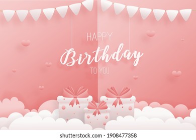 Decorated birthday card beautiful three gift box in the could paper style, paper cut, and papercraft. gift box hanging on the wall decorated with clouds. Sweet pink background. Vector illustration.