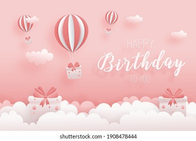 Decorated birthday card delivery with hot air balloon beautiful gift box in paper style with clouds. Sweet pink background. Vector illustration with lace.