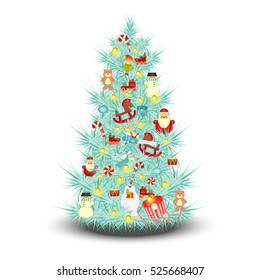 Decorated Blue Christmas Tree on White Background. Xmas Toys. Isolated. Vector illustration