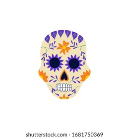Decorated with blue and yellow flowers skull for mexican Dia de los Muertos or Day of the Dead holiday celebration, flat vector illustration isolated on white background.