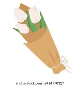 Decorated bouquet in craft paper of spring flowers on white. Bunch of white tulips. Design element vector illustration for International Women's Day on March 8 or happy birthday