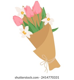 Decorated bouquet in craft paper of spring flowers on white. Bunch of pink tulips and daffodils. Design element vector illustration for International Women's Day on March 8 or happy birthday