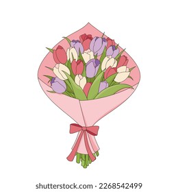 Decorated bouquet in pink paper of spring flowers on white. Bunch of red, purple and white tulips. Vector illustration for International Women's Day on March 8 or happy birthday in flat style