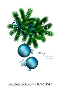 Decorated branch of christmas tree on white background