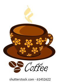 Decorated brown cup of hot coffee vector illustration