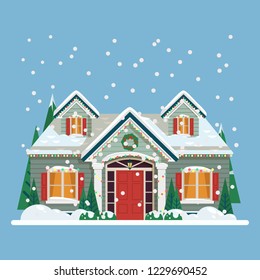 Decorated building for 2019 new year eve, home with lights and wreath or yard with fir tree prepared for christmas celebration, house facade with lantern or garland. Celebration and holiday theme