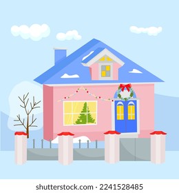 Decorated building with fence, Building in holiday ornament. Christmas greeting card.