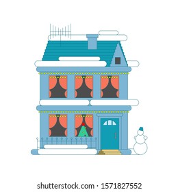 Decorated Building for Xmas. Christmas house isolated. Home decoration before new year