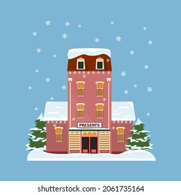 Decorated buildings for 2022 new year and christmas. Building with tree and fir tree at yard, construction facade with lanterns for xmas. Holiday and celebration,winter architecture.