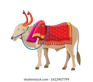 decorated bullock standing, Bail Pola festival, maharashtra, india isolated vector illustration