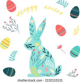 decorated bunny, painted eggs and flowers. Colorful postcard for happy easter