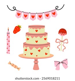 Decorated cake with hearts and festive elements for a celebration