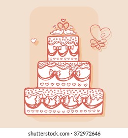 Decorated cake with pair of swans. Design element for wedding greeting card, valentines day invitation, honeymoon postcard. Vintage style, hand drawn pen and ink. Romantic retro bright color
