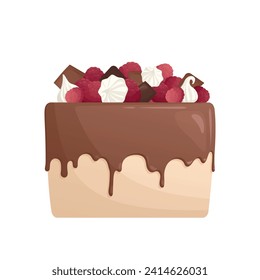 Pasteles decorados con frambuesa, chocolate, merengue y cacao. Panadería, dulces, postres, pastelería. Ilustración vectorial para afiches, banner, portada, tarjeta postal, menú.