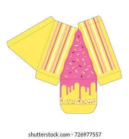 Decorated cake slice box cutout template. Favor box. Die cut