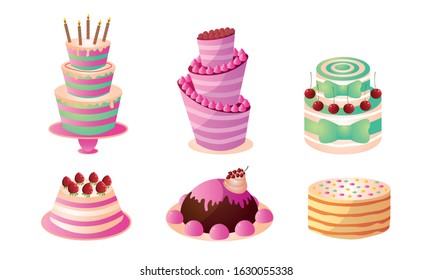 Decorated cakes for holidays and birthday with fruits vector illustration