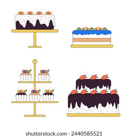 Decorated cakes on stands 2D linear cartoon objects set. Desserts store isolated line vector elements white background. Confectionery shop service color flat spot illustration collection