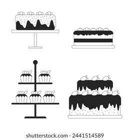 Decorated cakes on stands black and white 2D line cartoon objects set. Desserts store isolated vector outline items collection. Confectionery shop service monochromatic flat spot illustrations