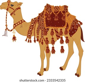 Camello decorado con asiento para dar un paseo. diseño tradicional de Rajasthani Camel decorado ilustración vectorial plana aislada en fondo blanco.Dibujo decorativo de camello Ilustración y arte vectorial