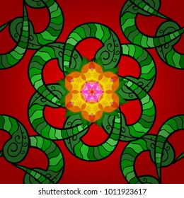 Decorated card with mandala in colored colors on red, green and black colors. Vector islamic template for restaurant menu, flyer, greeting card, brochure, book cover and any other decorations.