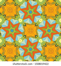 Decorated card with mandala in colored colors on yellow, orange and green colors. Vector islamic template for restaurant menu, flyer, greeting card, brochure, book cover and any other decorations.