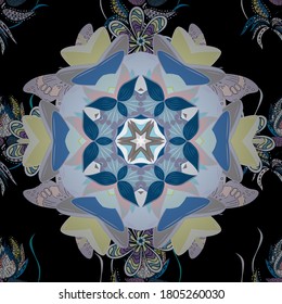 Decorated card with mandala in colored colors on neutral, black and blue colors. Vector islamic template for restaurant menu, flyer, greeting card, brochure, book cover and any other decorations.