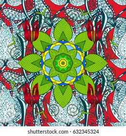 Decorated card with mandala in colored colors on red background. Vector islamic template for restaurant menu, flyer, greeting card, brochure, book cover and any other decorations.
