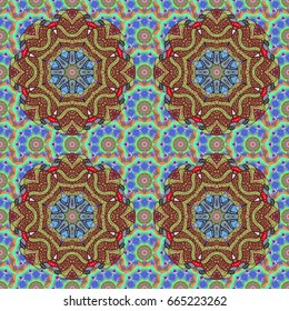 Decorated card with mandala in colored colors on background. Vector islamic template for restaurant menu, flyer, greeting card, brochure, book cover and any other decorations.