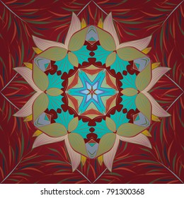 Decorated card with mandala in colored colors on red, neutral and blue colors. Vector islamic template for restaurant menu, flyer, greeting card, brochure, book cover and any other decorations.