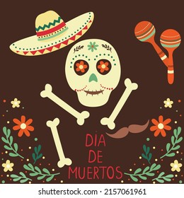 decorated cartoon skull with bones, sombrero, maracas and flowers. design elements for traditional mexican celebration day of the dead