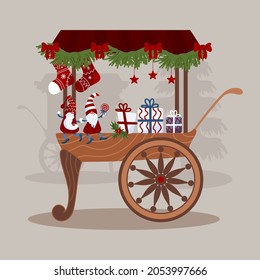 Decorated carts, fair stall counters. Christmas markets fairs. Bright little Christmas gnomes in caps, stars, lollipop, gift. Vector illustration for stickers, posters, postcards, design elements.