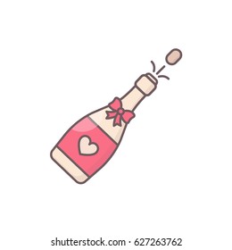 Decorated champagne bottle. Simple vector symbol for sweet romantic design.